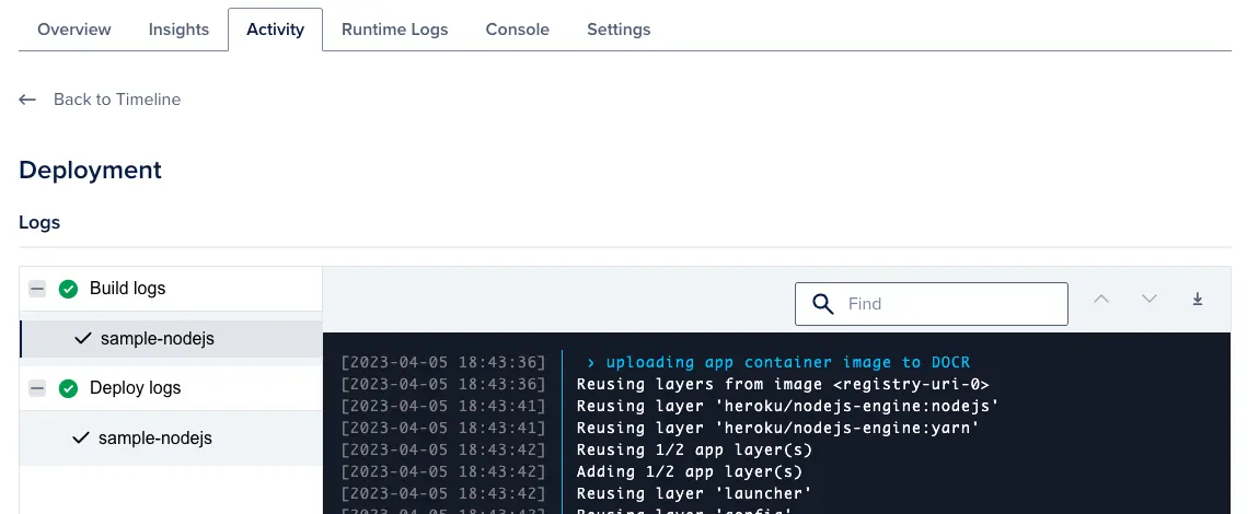 Limited deployment visibility in the old Digital Ocean-based setup, showing raw container image upload logs