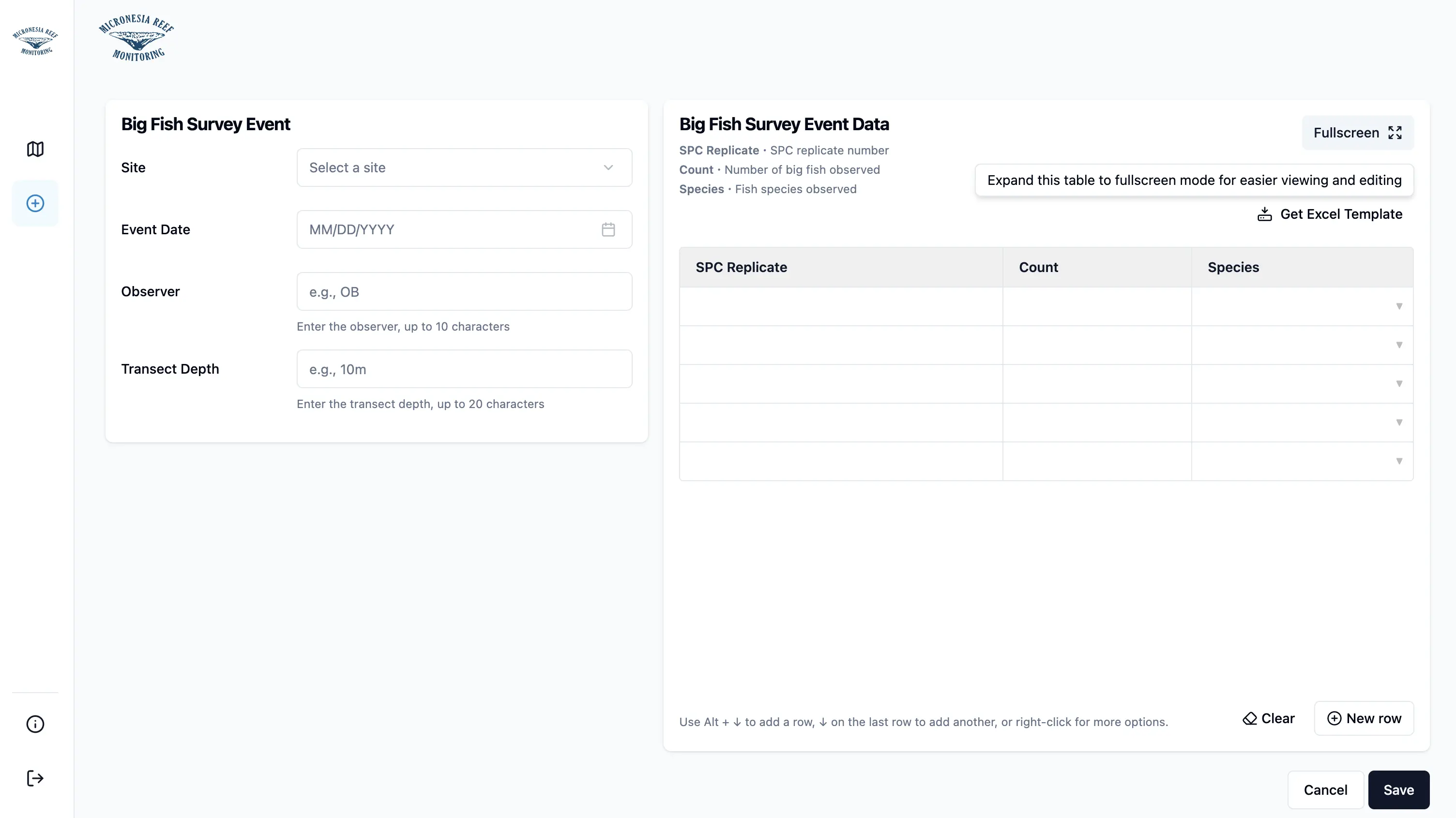 Fullscreen button with tooltip for expanding data entry table on small screens